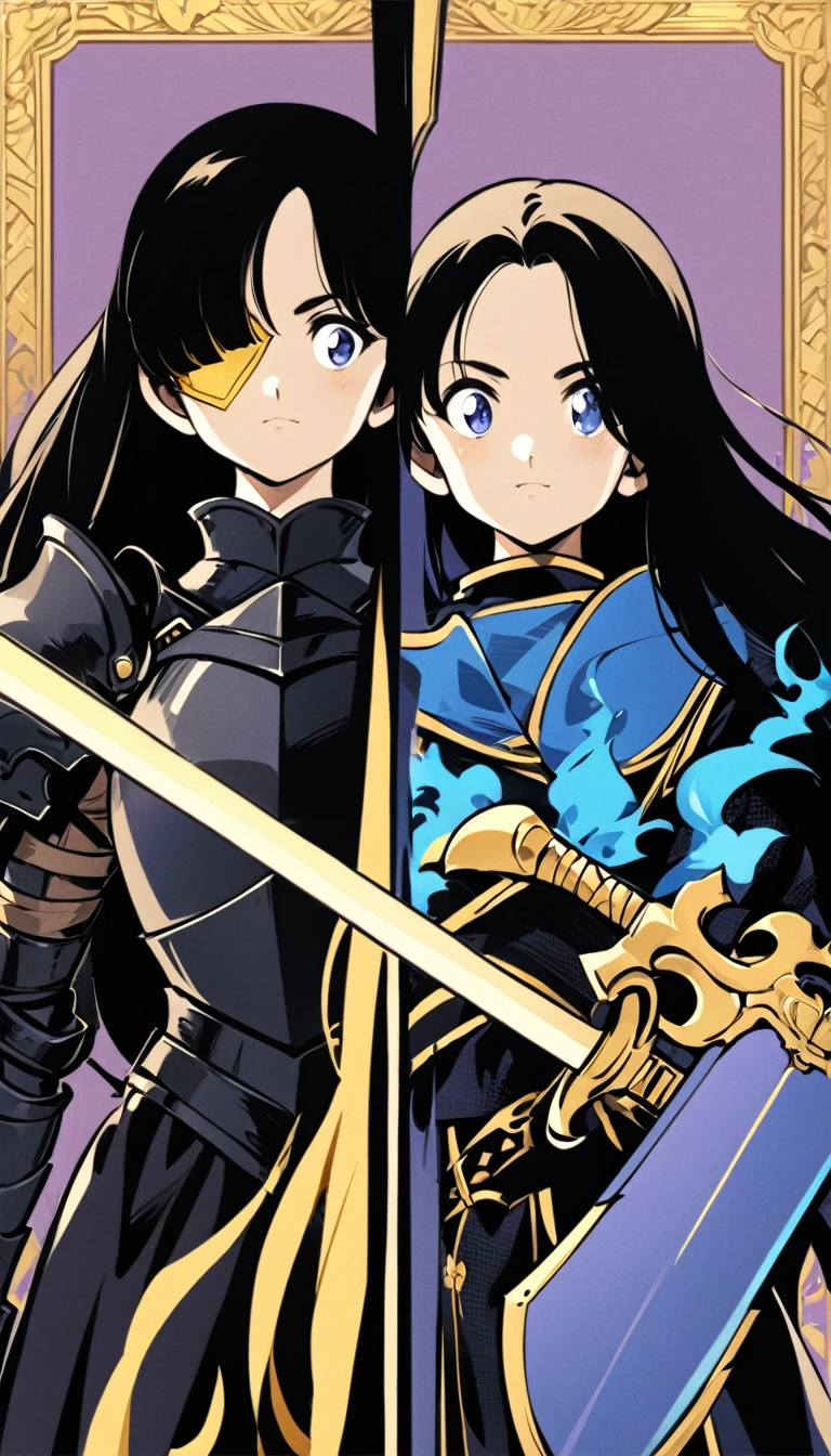 Create the Image of two girls in black medieval style armor with golden borders, without helmet, one with short black hair and a patch over her left eye, another with long hair, one with a sword with yellow flame, one with blue flame shield and sword, one side by side. Purple background with golden tones