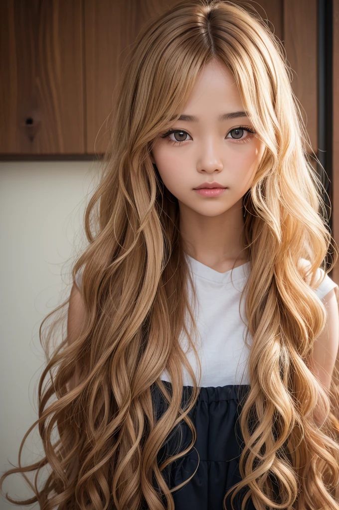 A girl with long, golden wavy hair with an eye band and brown skin 