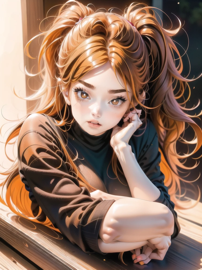anime image, detailled image, 1girl‚ brown eyes‚ beautiful eyelashes‚ (chestnut hair)‚ (chestnut hair curto), (chestnut hair curtos e cacheados), (Messy hair) black clothing, sitting on a bench, breasts big, thick thighs‚ pastel and vibrant colors, lineart, simples Ultra details++ , add more details
