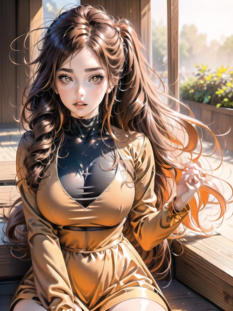 anime image, detailled image, 1girl‚ brown eyes‚ beautiful eyelashes‚ (chestnut hair)‚ (chestnut hair curto), (chestnut hair curtos e cacheados), (Messy hair) black clothing, sitting on a bench, breasts big, thick thighs‚ pastel and vibrant colors, lineart, simples Ultra details++ , add more details