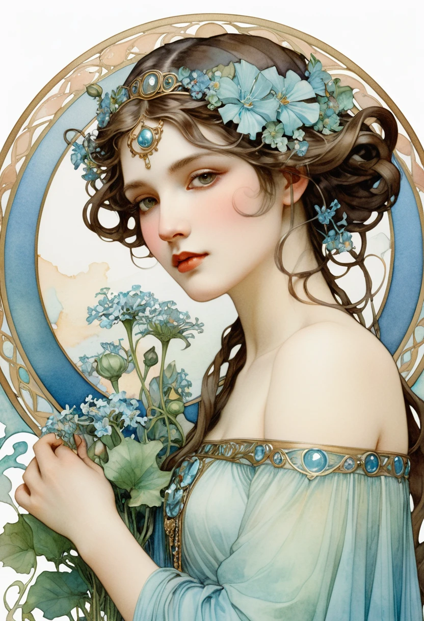 A very detailed watercolor painting，Depicting a beautiful woman with flowers in her hair, The Style of Alphonse Maria Mucha and Gustave Kielmuth, Art Nouveau accents, Fairy tale princess, Anthropomorphic female, Female image, Detailed cover design, as goddess of flowers, Alphonse Mucha, by Gustav Klimt, Light blue skin, Marble Sculpture, CG Society, Gothic art, Art Nouveau, Winner of the Behance competition