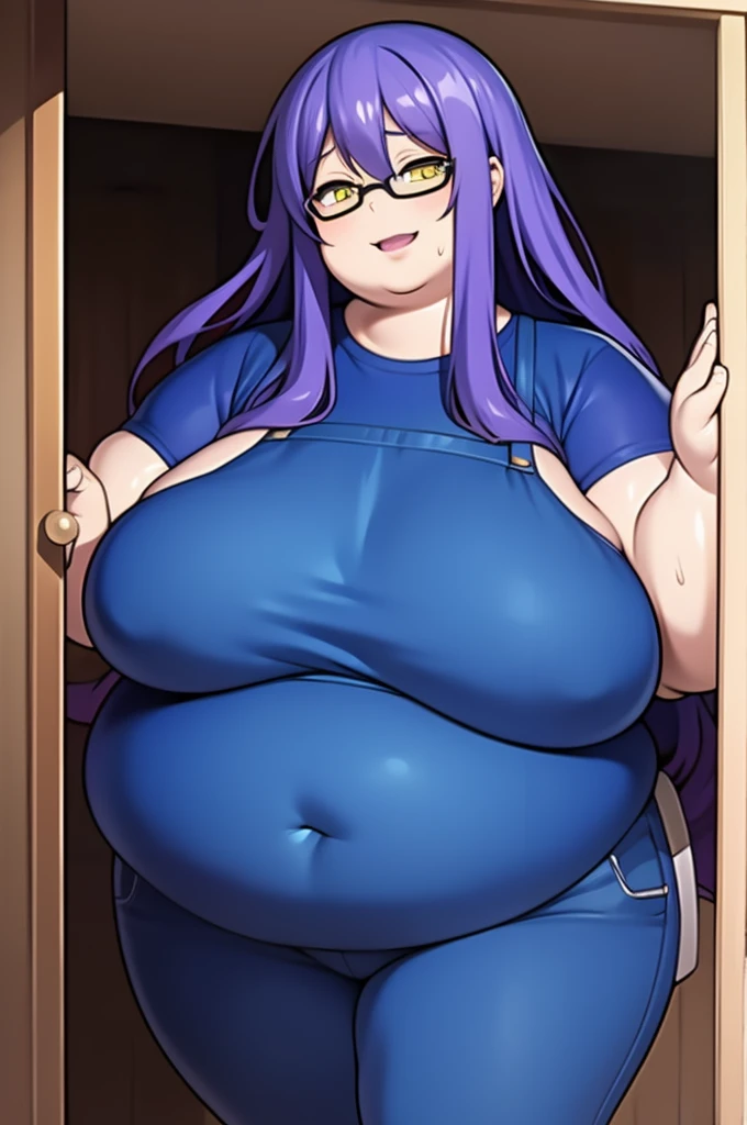 Anime Women, Lady、Forehead、Long Hair、Wavy Hair、Purple Hair、Glasses、Sharp eyes、Yellow Eyes、Purple lips、Cobalt blue body、Cobalt blue skin、Are fat、Chubby、Sensual、obesity、Double chin、Thick neck、Big Breasts、Saggy breasts、Thick upper arms、Thick arms、thick fingers、Fat belly、Flabby belly、Thick legs、expensive、Denim overalls、Sweat、Side Shot、whole body