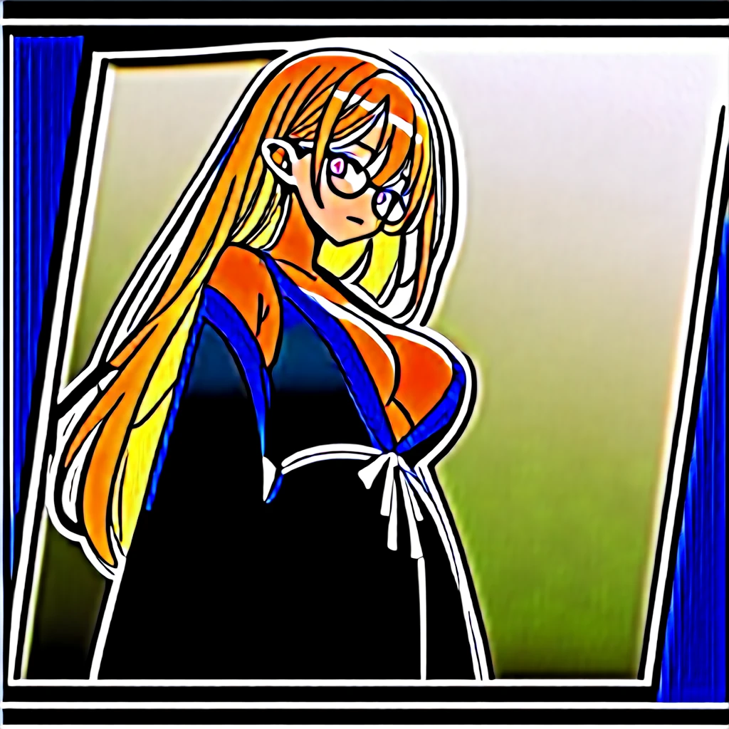 score_9,score_8_up,score_7_up,score_6_up,score_5_up,score_4_up, source_anime, 1girl,solo,18yo,light green hair,long hair, curl inside hair,asymmetric_bangs,Tareme, droopy eyes,pink eyes, one mole on one breast,pointy ears,huge breasts,wide hip,glasses, A yukata with a large peony pattern on a black background. bare shoulders,Her long hair is tied up in a half-up style and tied up with a red hairpin. lacquered sandals,