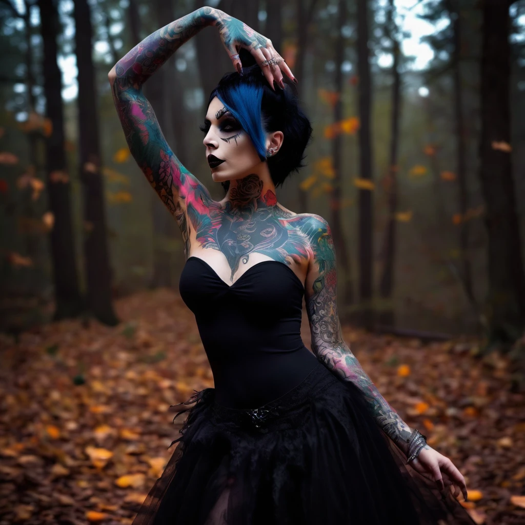 A woman tattooed black hair goth, dancing pose, hallowen monsters party, beautiful detailed, full body, pale skin tattooed, naked, night dark forest, creepy, gothic art, halloween, moody lighting, dramatic shadows, high contrast, colorful hallowen colors