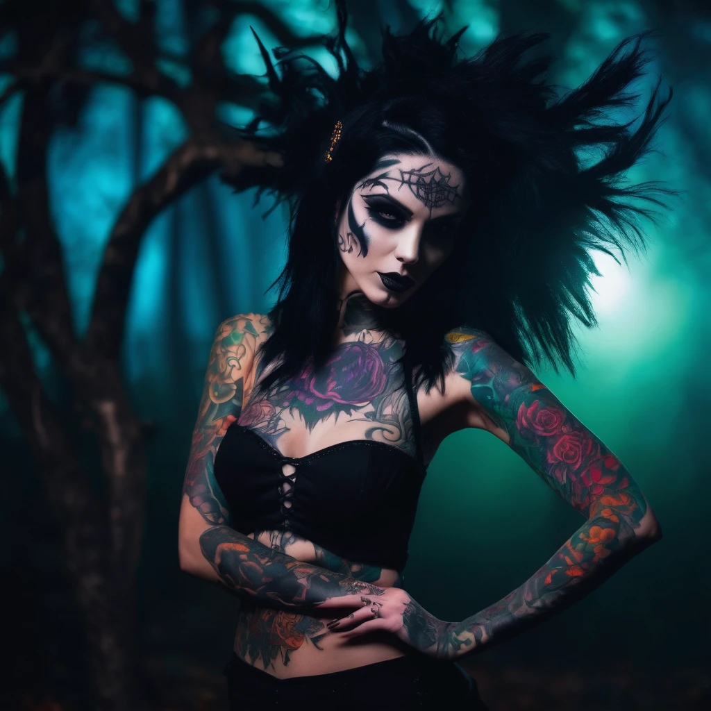 A woman tattooed black hair goth, dancing pose, hallowen monsters party, beautiful detailed, full body, pale skin tattooed, naked, night dark forest, creepy, gothic art, halloween, moody lighting, dramatic shadows, high contrast, colorful hallowen colors
