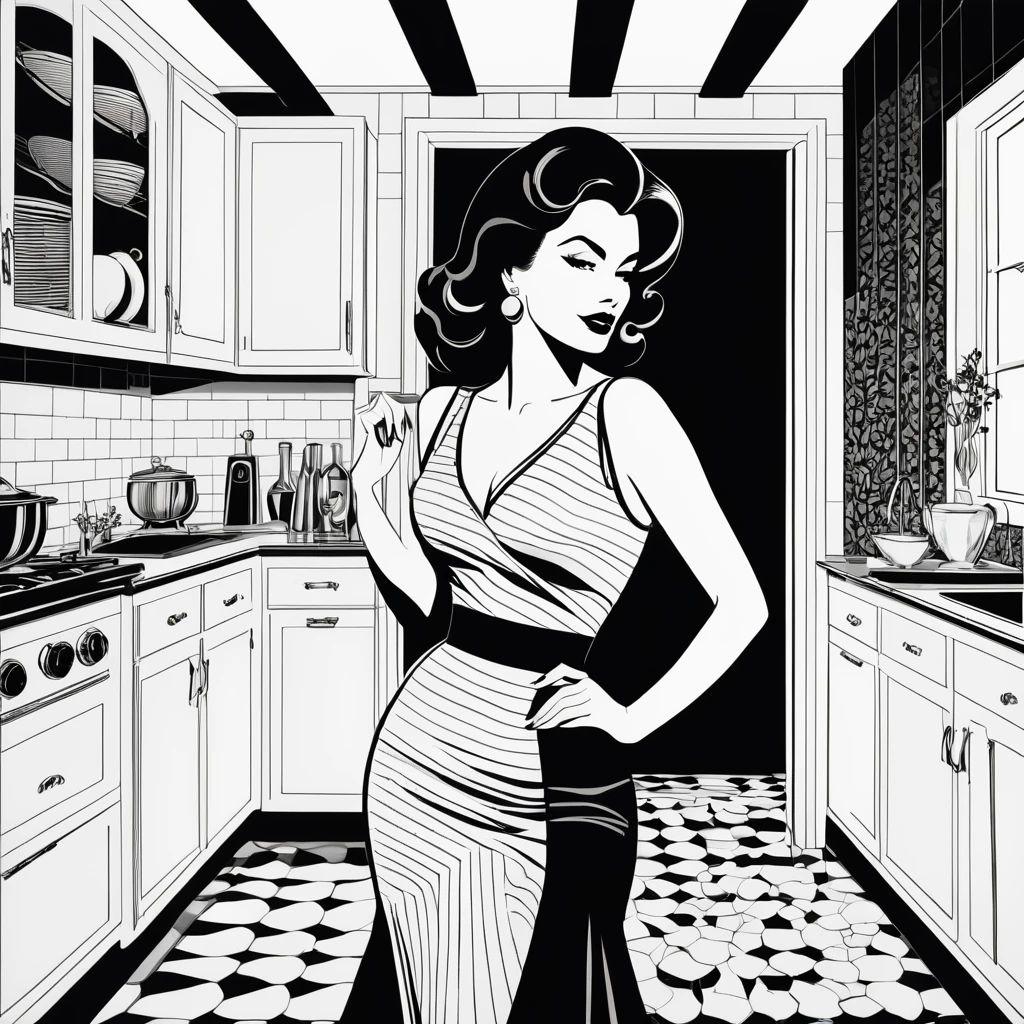 A black-and-white illustration of a glamorous woman in a vintage kitchen, with bold lines and dynamic composition, reminiscent of 1960s pop art.