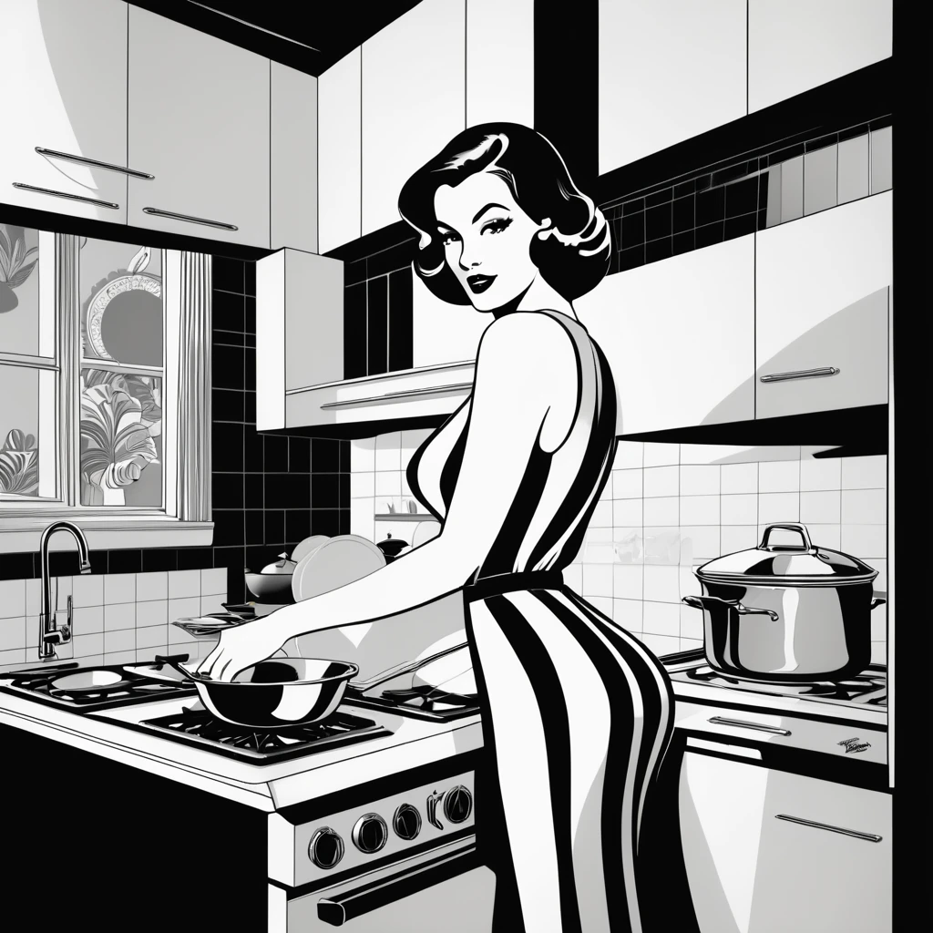 A black-and-white illustration of a glamorous woman in a vintage kitchen, with bold lines and dynamic composition, reminiscent of 1960s pop art.