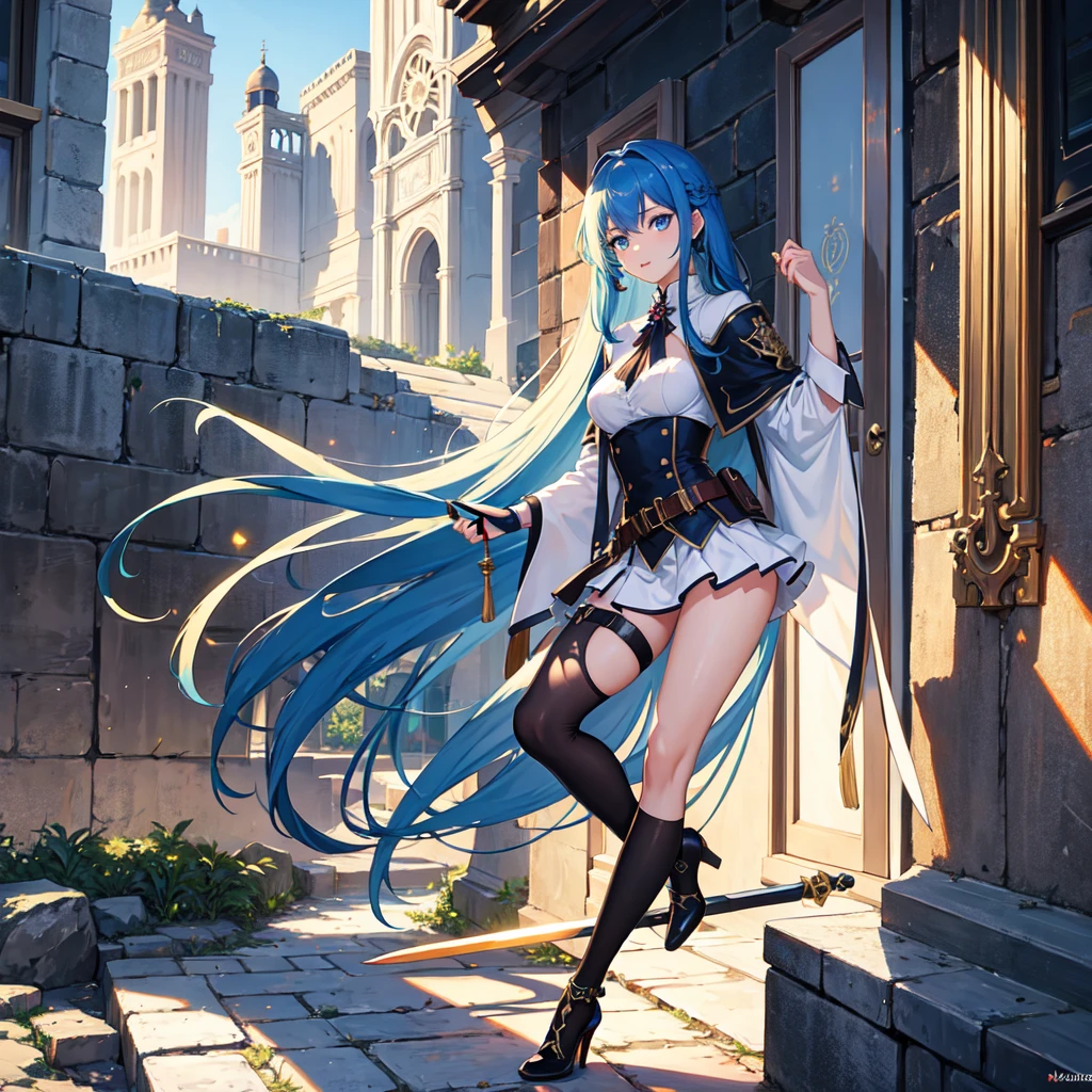 (masterpiece, Highest quality:1.2), One girl, alone, 20-year-old, Long sword, Long Hair, Blue Hair,Blue Eyes, Completely naked, High heels, Black knee-high socks, whole body,Ancient City,