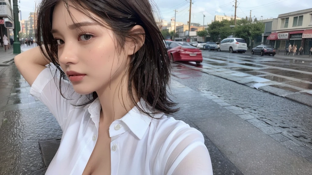 ((Best Quality, 8K, Masterpiece: 1.3)), Sharp: 1.2, Perfect Body Beauty: 1.4, Slim Abs: 1.2, ((Layered Hairstyle, Big Breasts: 1.2)), (Wet White Button Long Shirt: 1.1), (Rain, Street: 1.2), Wet: 1.5, Highly detailed face and skin texture, detailed eyes, double eyelids, side face looking at the camera