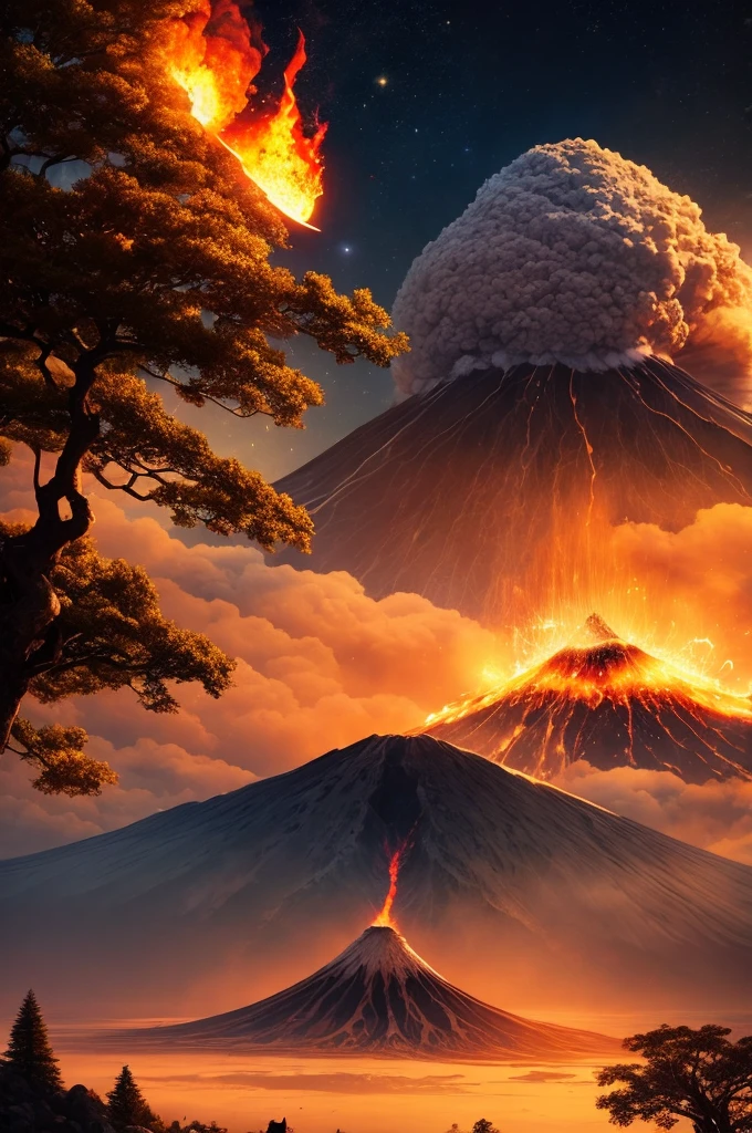 a beautiful place with owls on top of a tree looking at the moon, with an erupting volcano in the background , rays falling on him , with a ball of fire coming from the sky