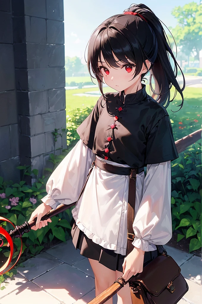 (masterpiece; best quality: 1.2), (finely detailed eyes: 1.3), ((10 year old female kid)), ((solo)), (red eyes: 1.4), (body; short, slender: 1.3), (long black hair in ponytail: 1.3), (beautiful and clear background: 1.2), ((depth of field)), (clothes: white wide-sleeve shirt + long black skirt + traveler pouches and satchel + mage staff: 1.3), (anime illustration: 1.2), (background; garden exterior: 1.1), (extremely fine and handsome: 1.1), (shot composition; standing + centered on torso + close-up: 1.5), (expression; calm, stoic: 1.2)