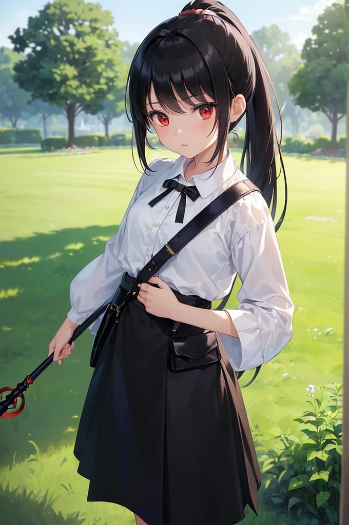 (masterpiece; best quality: 1.2), (finely detailed eyes: 1.3), (( female kid)), ((so), (red eyes: 1.4), (body; short, slender: 1.3), (long black hair in ponytail: 1.3), (beautiful and clear background: 1.2), ((depth of field)), (clothes: white wide-sleeve shirt + long black skirt + traveler pouches and satchel + mage staff: 1.3), (anime illustration: 1.2), (background; garden exterior: 1.1), (extremely fine and handsome: 1.1), (shot composition; standing + centered on torso + close-up: 1.5), (expression; calm, stoic: 1.2)