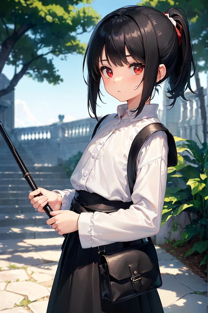 (masterpiece; best quality: 1.2), (finely detailed eyes: 1.3), ((10 year old female kid)), ((solo)), (red eyes: 1.4), (body; short, slender: 1.3), (long black hair in ponytail: 1.3), (beautiful and clear background: 1.2), ((depth of field)), (clothes: white wide-sleeve shirt + long black skirt + traveler pouches and satchel + mage staff: 1.3), (anime illustration: 1.2), (background; garden exterior: 1.1), (extremely fine and handsome: 1.1), (shot composition; standing + centered on torso + close-up: 1.5), (expression; calm, stoic: 1.2)