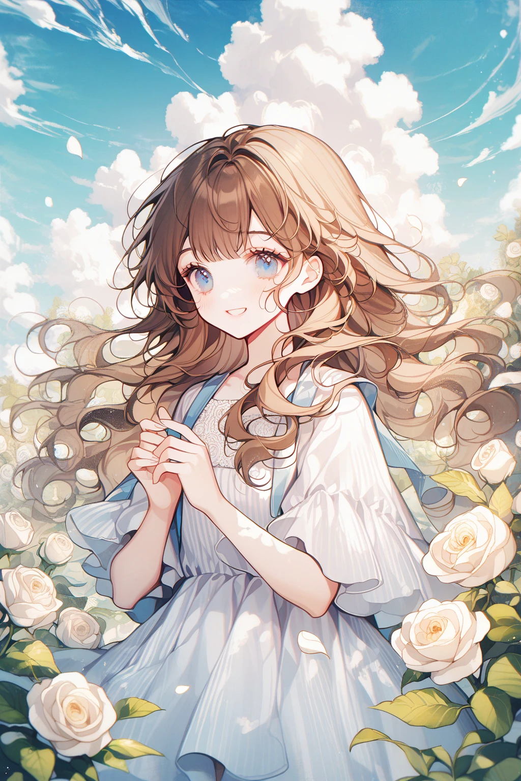by ttosom, 1 girl, CuteStyle, blue eyes, brown hair, long hair with bangs, flowing hair, upper body, beautiful hands, standing in the garden, white roses, white rose petals, wind, dressed in a white dress, day, beautiful sky, clouds, smile, happy, gentle tones,