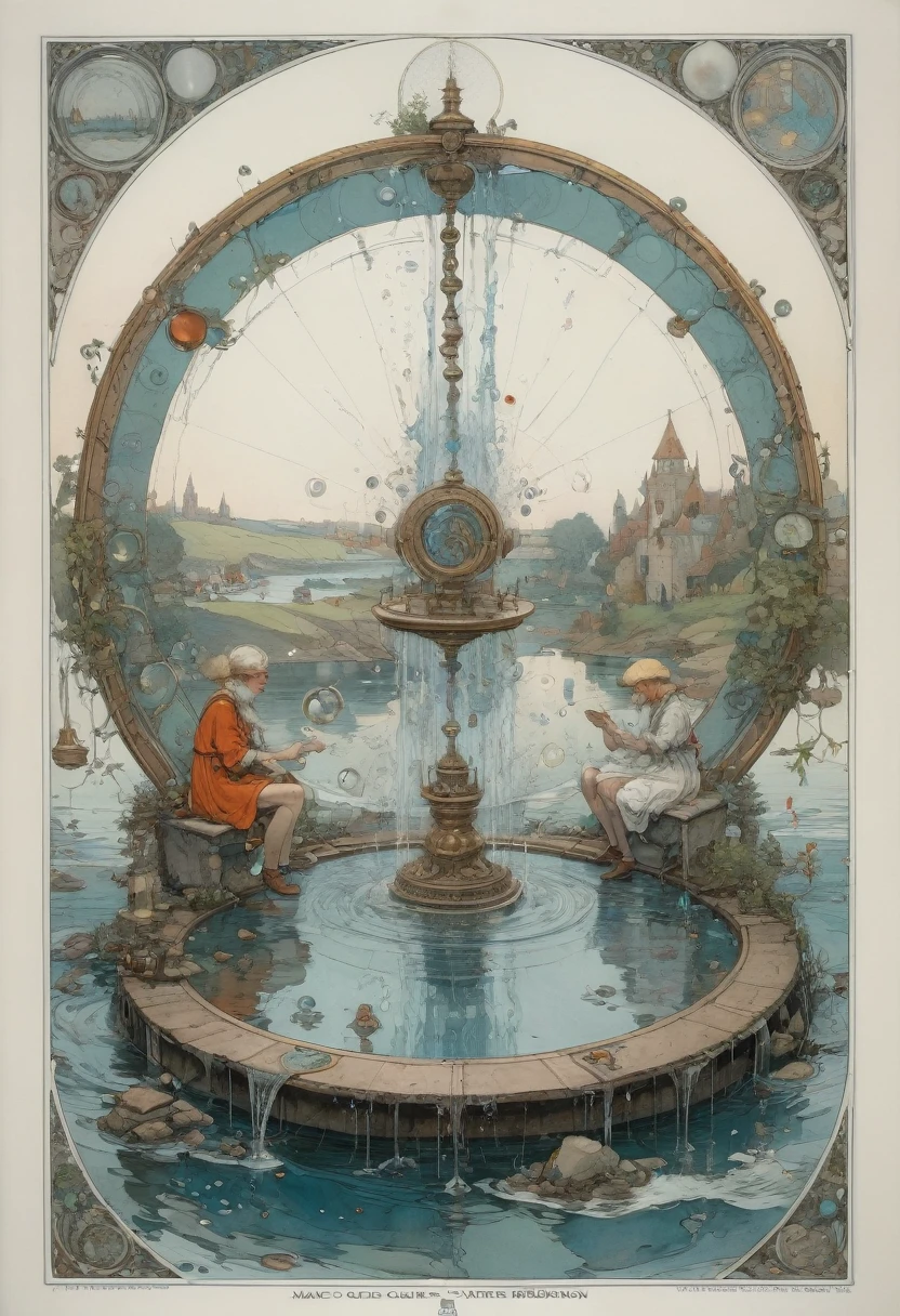 magic circle, water, By W. Heath Robinson, Highest quality, masterpiece, 8K, Representative works, Official Art, Professional, Super intricate details