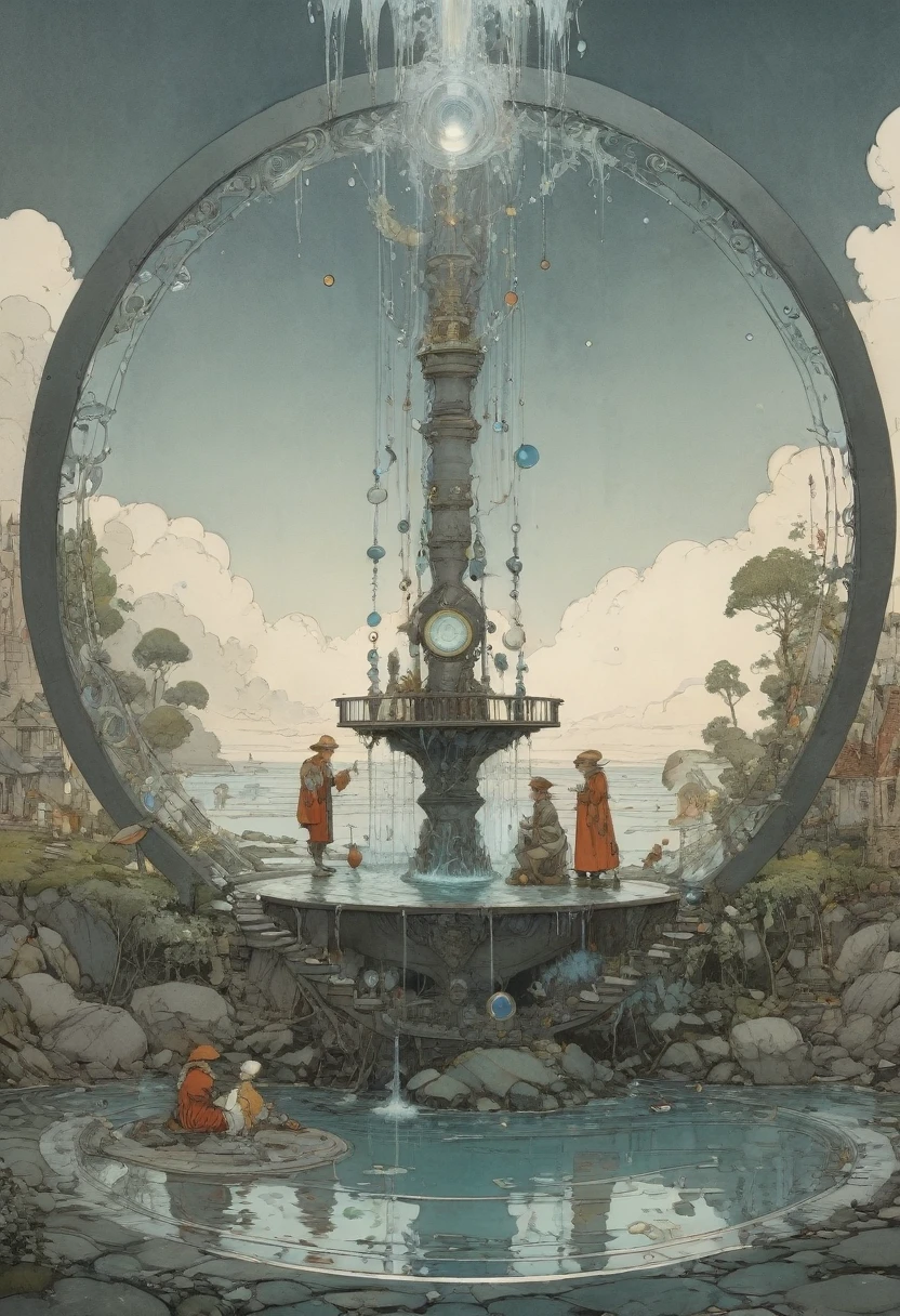 magic circle, water, By W. Heath Robinson, Highest quality, masterpiece, 8K, Representative works, Official Art, Professional, Super intricate details