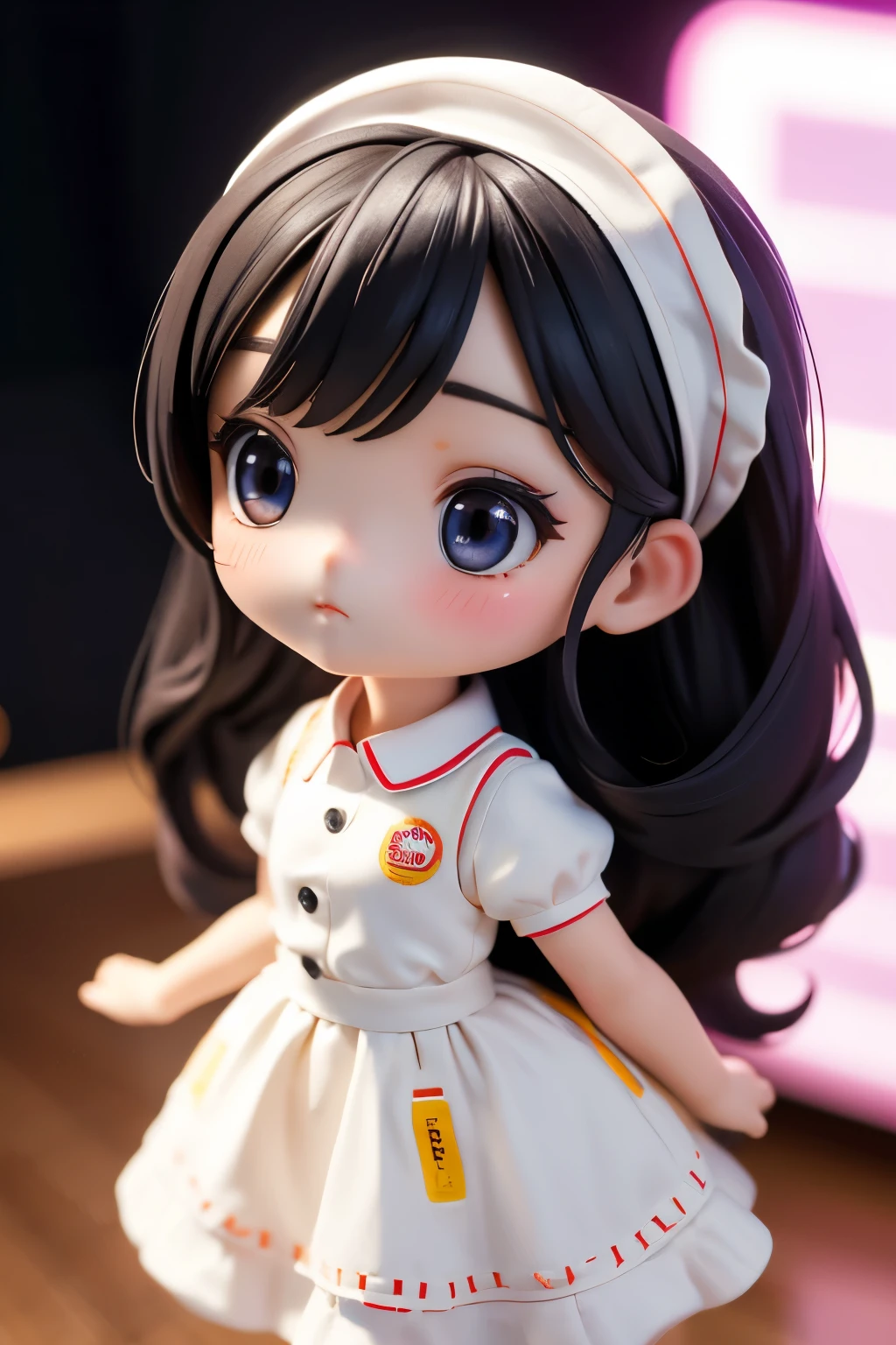 Chibi Girl Doll、Wearing a fast-food restaurant uniform、Back view、Very detailed、Ultra-realistic、Photorealistic、8K、Hyperrealistic、masterpiece、Beautiful detailed eyes、Beautiful detailed lips、Very detailedな顔、Long eyelashes、Beautiful young girl、Calm expression、Warm colors、Beautiful lighting、Cinematic、Intricate details、Bright colors、Soft Focus、Depth of written boundary