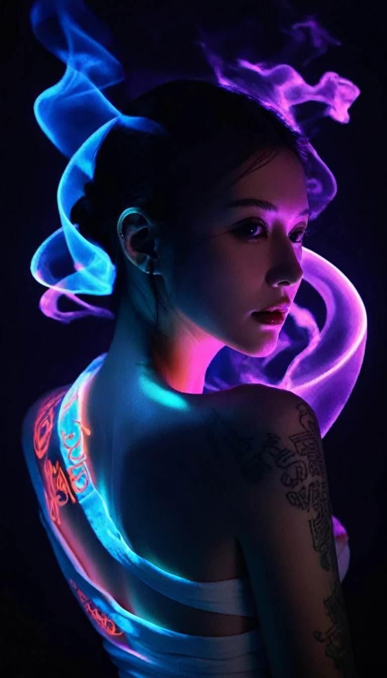 Double Exposure Style,Volumetric Lighting,a girl (Supermodel) with Wrap top,arching her back, beautiful tattoo (neon light), Traditional Attire,Artistic Calligraphy and Ink,light depth,dramatic atmospheric lighting,Volumetric Lighting,double image ghost effect,image combination,double exposure style,