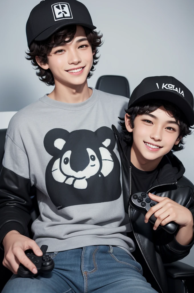 brunette boy with very curly black and short hair, eyes black, wearing a koala cap, smiling and holding a game controller cartoon style image