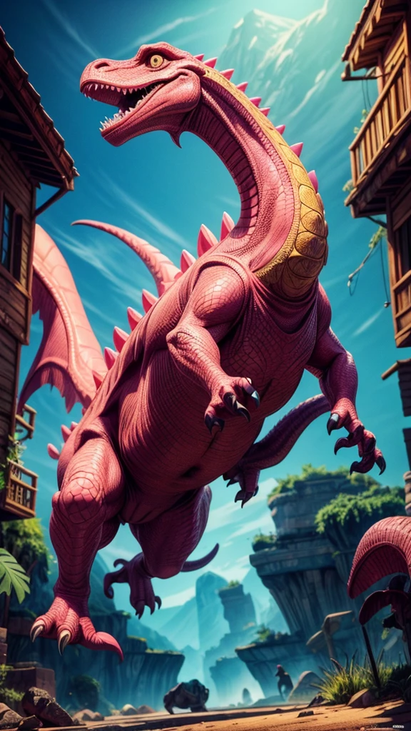 pink dinosaur, jumping, highly detailed, photorealistic, 8k, intricate details, sharp focus, dynamic pose, vibrant colors, realistic textures, dramatic lighting, cinematic composition, epic scale, fantasy creature, action scene, beautifully rendered, masterpiece
