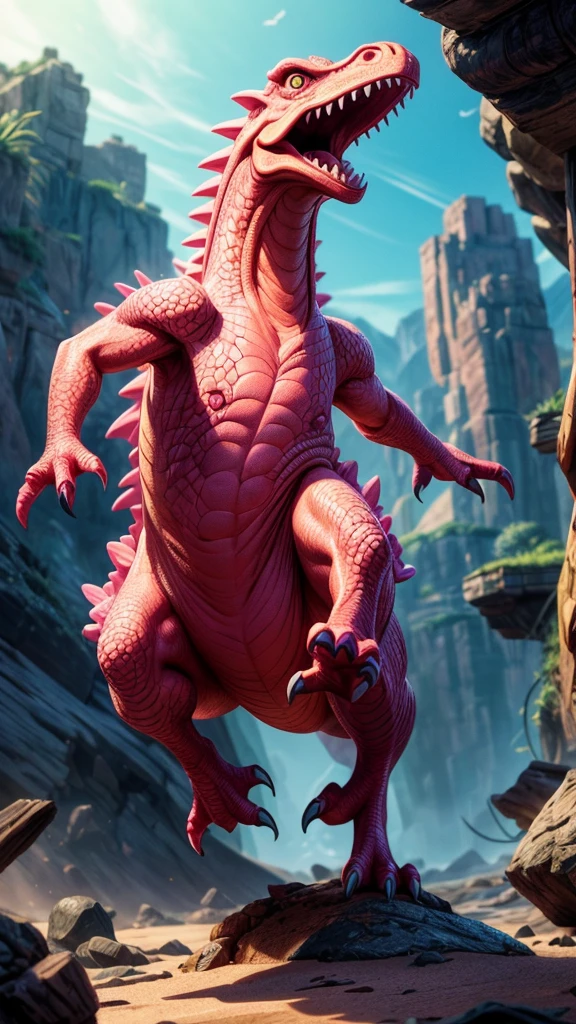 pink dinosaur, jumping, highly detailed, photorealistic, 8k, intricate details, sharp focus, dynamic pose, vibrant colors, realistic textures, dramatic lighting, cinematic composition, epic scale, fantasy creature, action scene, beautifully rendered, masterpiece