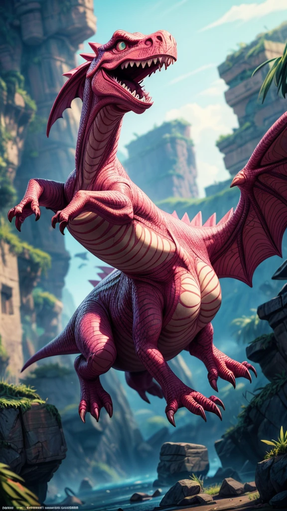 pink dinosaur, jumping, highly detailed, photorealistic, 8k, intricate details, sharp focus, dynamic pose, vibrant colors, realistic textures, dramatic lighting, cinematic composition, epic scale, fantasy creature, action scene, beautifully rendered, masterpiece