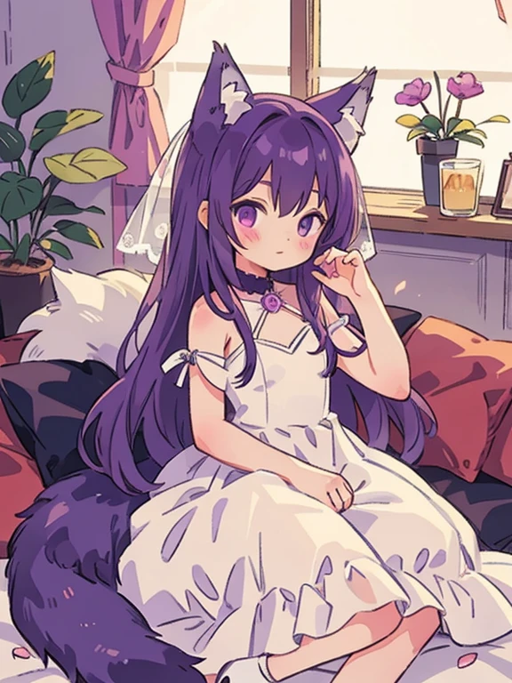 Cute, young, flat chest, 10 years old, wedding dress, wolf ears, fluffy tail, dark purple hair, dark purple tail, vr headset
