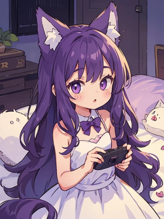 Cute, young, flat chest, 10 years old, wedding dress, wolf ears, fluffy tail, dark purple hair, dark purple tail, vr headset