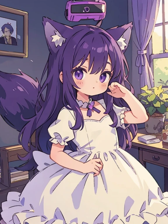 Cute, young, flat chest, 10 years old, wedding dress, wolf ears, fluffy tail, dark purple hair, dark purple tail, vr headset