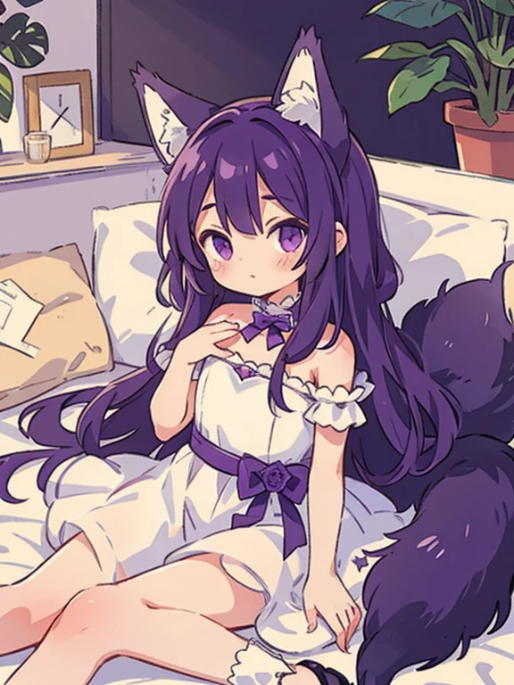Cute, young, flat chest, 10 years old, wedding dress, wolf ears, fluffy tail, dark purple hair, dark purple tail, vr headset