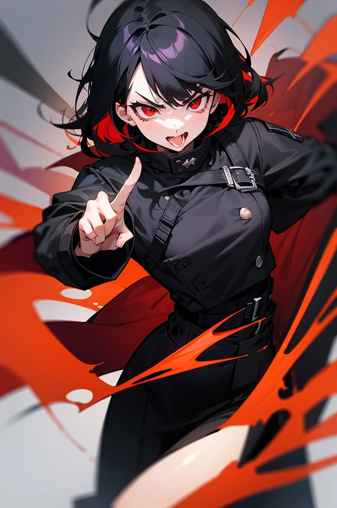 black hair, red eyes, angry , sticking out middle finger, black jacket, tounge out