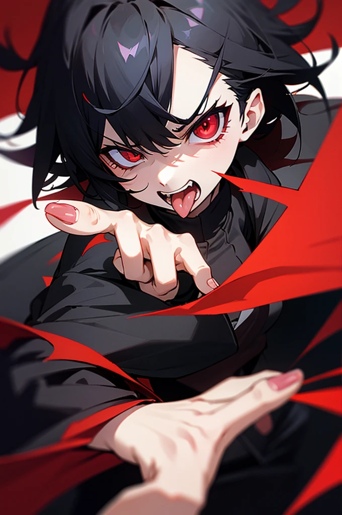 black hair, red eyes, angry , sticking out middle finger, black jacket, tounge out