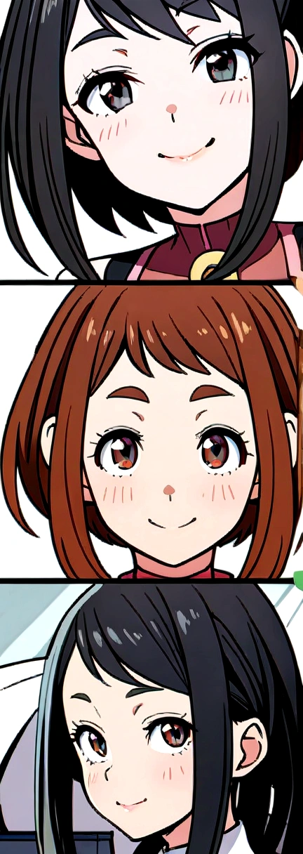 Two heads, masterpiece, best quality, anime, intricate iris, anime style, extremely detailed face, beautiful face, yaoyorozu momo, 1girl, black eyes, black hair, ponytail, long hair, hair pulled back, breasts, smile, solo, u.a. , withe shirt, pleated green skirt, red necktie, (detailed eyes, deep eyes),
(sitting on bench ),
(looking at viewer, (seductive smile, closed mouth, in heat),  upper body, face focus, ),
beautiful lips, full lips,
(mall, indoor fountain),
(medium breasts:1.2, wide hips, narrow waist, ) ,
 (uraraka_ochako, bodysuit, sidelocks, shirt),