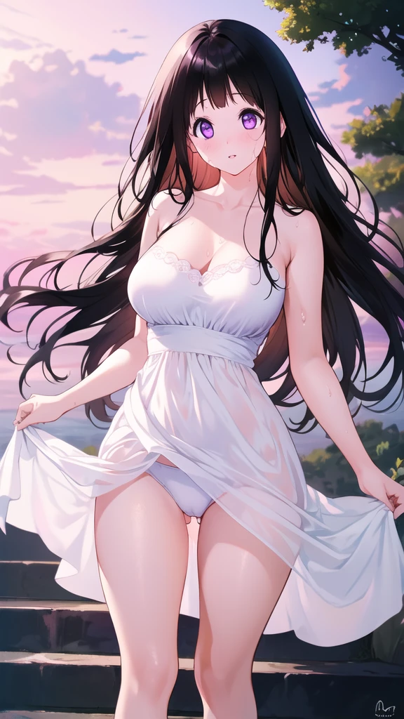 Beautiful Chitanda,只有一个beautiful girl,Purple Eyes, Black Hair, Natural straight hair, Straight bangs,Extremely refined,open your lips,Face is so red,Very white skin,Skin as delicate as porcelain,Glowing skin,big eyes,Flowing long hair,beautiful girl, Like a dream,Slim,Slim waist,Soft, (Sensual), (Kawaii), Dream quality,White Dress,High slit,Sweaty and sweaty,Wet skin,Side breasts,Underwear Rain,Standing on the steps in the air,(Completely naked),Gluteal groove,Completely naked的背部,nacked hip,very close,Deep V neckline,Loose neckline,Beautiful big breasts,No pants,Bare shoulders,Exposed collarbone,Delicate clavicle,Delicate hands and feet,Bare neck,There are no clothes around the neck,Bare thighs,Exposing the groin,Camel toe,extremely shy,Ultra-high resolution, (masterpiece:1.2, best quality), (Delicate and beautiful eyes: 1.2), (Beautiful and delicate face)