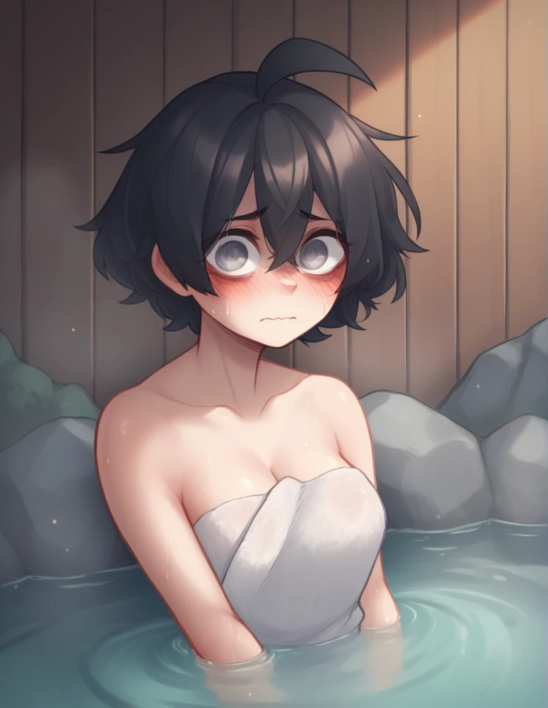 1 girl, alone, ppka, black fur, short hair, messy fur, Ahoge, parts, parts por todo el cuerpo, grey eyes, blind eyes, kind eyes, very nervous, looking at the viewer, blushing Towel tied, Hot Springs, sentada en las Hot Springs