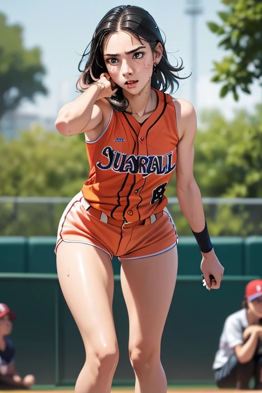 (Highest quality,8K,High resolution,Masseter muscle area:1.2),Super detailed,Realistic:1.37,Portraiture,Dynamic Angle,Women's Softball Players,Teenage Girl,Small Head,cute,sporty,Attractive face,Beautiful face with attention to detail,Extremely realistic skin,Wet Skin,Sweat,Large Breasts,Tight waist,Beautiful legs ,sporty,Softball Venues,Cinema Lighting,hot pants, head to feet 