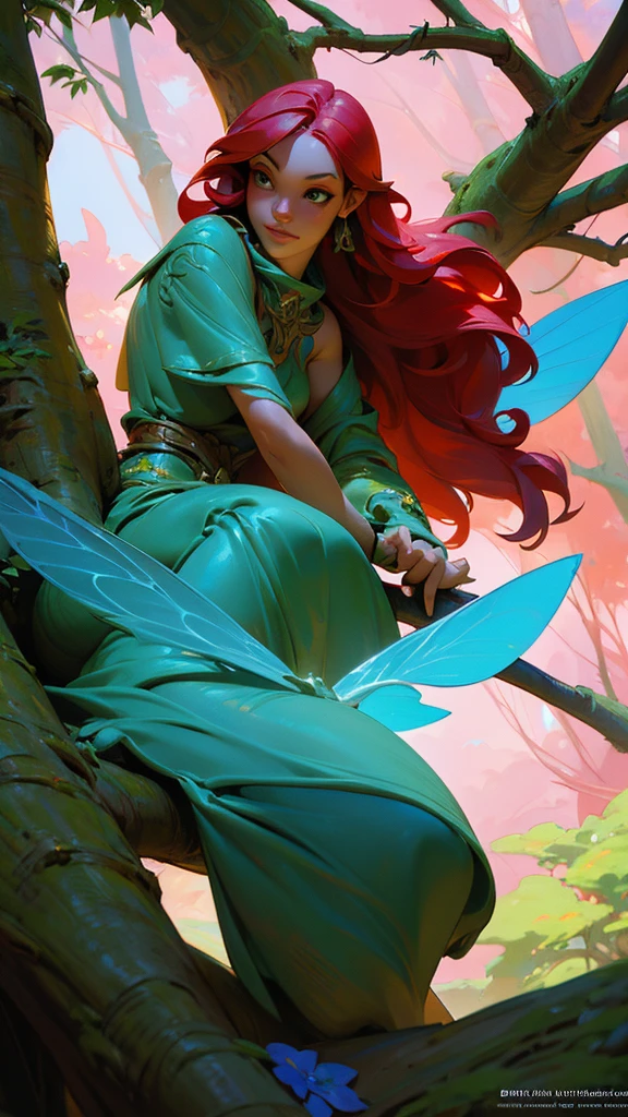 a woman with red hair and blue wings sitting on a tree branch, fantasy art style, 8k high quality detailed art, portrait of a fairy, digital fantasy art ), epic fantasy art style, epic fantasy art style hd, portrait of fairy, beautiful fairy, fanart best artstation, extremely detailed artgerm, digital fantasy art, beautiful fantasy art, realistic fantasy artwork