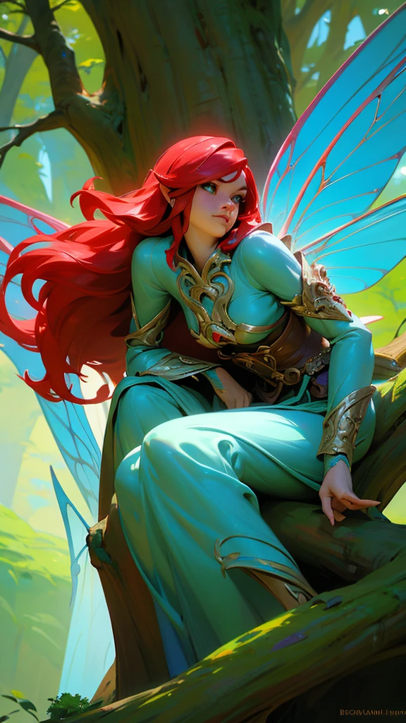 a woman with red hair and blue wings sitting on a tree branch, fantasy art style, 8k high quality detailed art, portrait of a fairy, digital fantasy art ), epic fantasy art style, epic fantasy art style hd, portrait of fairy, beautiful fairy, fanart best artstation, extremely detailed artgerm, digital fantasy art, beautiful fantasy art, realistic fantasy artwork