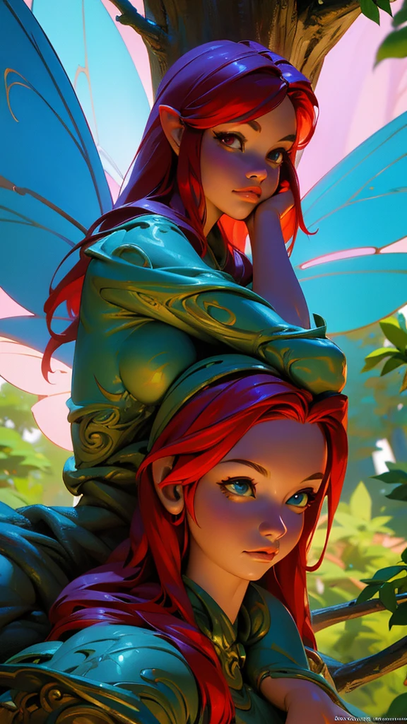 a woman with red hair and blue wings sitting on a tree branch, fantasy art style, 8k high quality detailed art, portrait of a fairy, digital fantasy art ), epic fantasy art style, epic fantasy art style hd, portrait of fairy, beautiful fairy, fanart best artstation, extremely detailed artgerm, digital fantasy art, beautiful fantasy art, realistic fantasy artwork