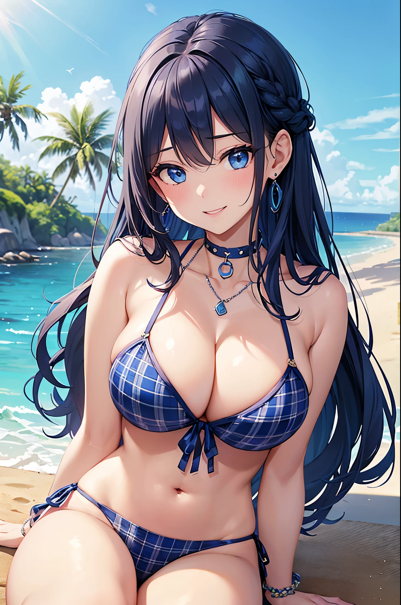 Highest quality、Highest quality、masterpiece、(8K),Beauty(Age 25)、Navy blue long hair(Braiding of the sides)、blue eyes、Sexy Bikini(Plaid)、Big cleavage、(Big Breasts)、smile、blue necklace、Blue Earrings、background(Beach)、Please open your mouth wide、bracelet、Chest puffing pose、Blue choker