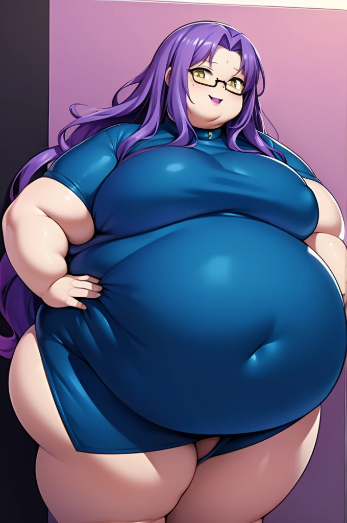 Anime Women, Lady、Forehead、Long Hair、Wavy Hair、Purple Hair、Glasses、Sharp eyes、Yellow Eyes、Purple lips、Cobalt blue body、Cobalt blue skin、Are fat、Chubby、Sensual、obesity、Double chin、Thick neck、Big Breasts、Saggy breasts、Thick upper arms、Thick arms、thick fingers、Fat belly、Flabby belly、Thick legs、expensive、Denim jumpsuit、Sweat、Side Shot、whole body