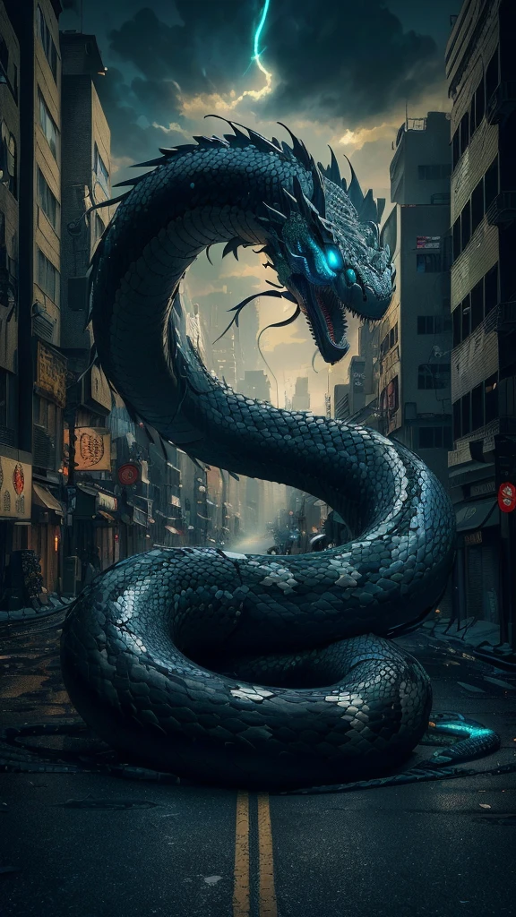 Arafed snake with glowing eyes on city street, Jormungand, 巨大なsnake, Amazing anime 8k, Stylized urban fantasy art, 大きなsnake, Jormungand, Jormungand アニメ, snake, wallpaper 4k, wallpaper 4k, Ouroboros, By Adam Marcinski, Ultra-Definition Digital Art