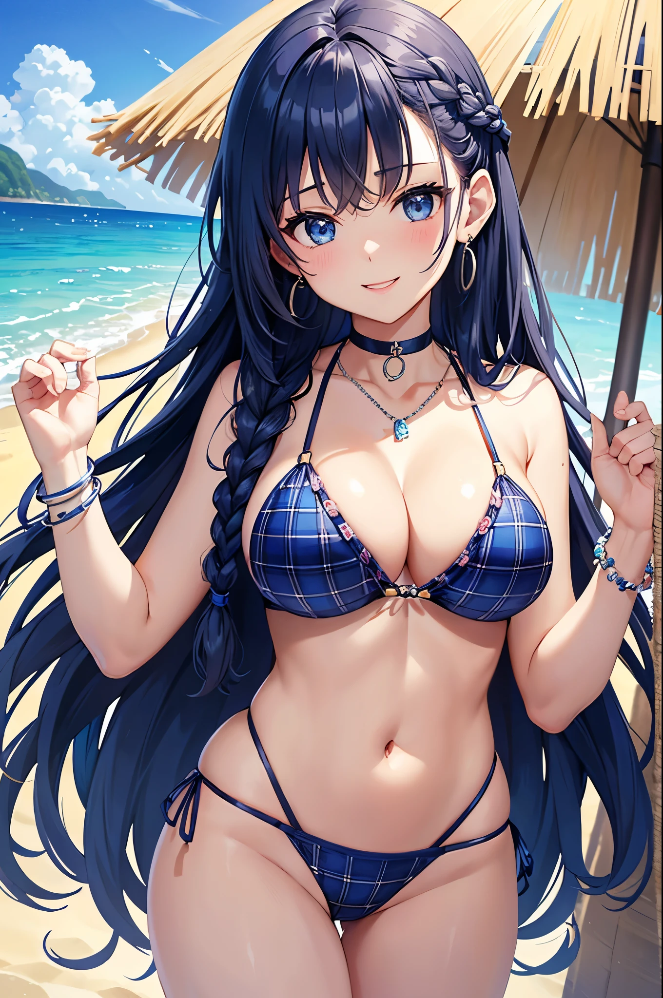 Highest quality、Highest quality、masterpiece、(8K),Beauty(Age 25)、Navy blue long hair(Braiding of the sides)、blue eyes、Sexy Bikini(Plaid)、Big cleavage、(Big Breasts)、smile、blue necklace、Blue Earrings、background(Beach)、Please open your mouth wide、bracelet、Chest puffing pose、Blue choker