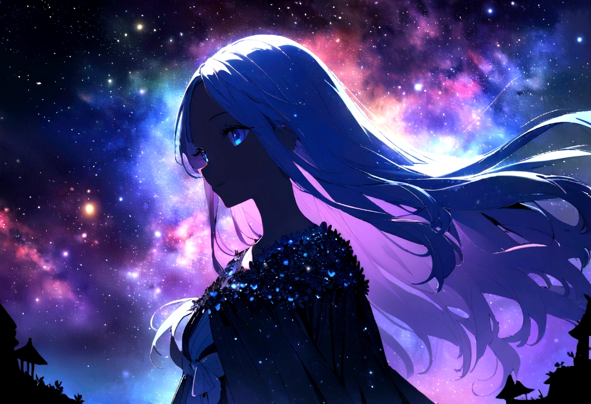 16k, (double exposure:1.05 silhouette: 1.1) (many detailed particles light) (background is Galaxy Nebula, many:1.4 Particles Colorful Light), wearing layered one piece dress, 15 yo, frontale forehead blue hair long hair lovely blue eyes girl, love smile.