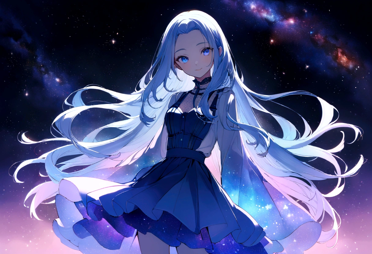 16k, (double exposure:1.05 silhouette: 1.1) (many detailed particles light) (background is Galaxy Nebula, many:1.4 Particles Colorful Light), wearing layered one piece dress, 15 yo, frontale forehead blue hair long hair lovely blue eyes girl, love smile.