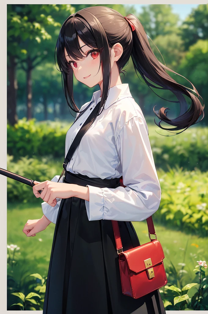 (masterpiece; best quality: 1.2), (finely detailed eyes: 1.3), (( old female kid)), ((solo)), (red eyes: 1.4), (body; short, slender: 1.3), (long black hair in ponytail: 1.3), (beautiful and clear background: 1.2), ((depth of field)), (clothes: white wide-sleeve shirt + long black skirt + traveler pouches and satchel + mage staff: 1.3), (anime illustration: 1.2), (background; garden exterior: 1.1), (extremely fine and handsome: 1.1), (shot composition; standing + centered on torso + close-up: 1.5), (expression; calm, smile: 1.2)