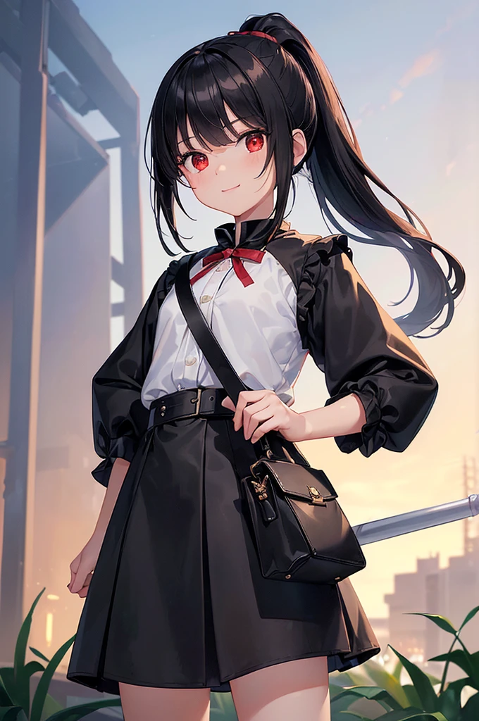 (masterpiece; best quality: 1.2), (finely detailed eyes: 1.3), ((10 year old female kid)), ((solo)), (red eyes: 1.4), (body; short, slender: 1.3), (long black hair in ponytail: 1.3), (beautiful and clear background: 1.2), ((depth of field)), (clothes: white wide-sleeve shirt + long black skirt + traveler pouches and satchel + mage staff: 1.3), (anime illustration: 1.2), (background; garden exterior: 1.1), (extremely fine and handsome: 1.1), (shot composition; standing + centered on torso + close-up: 1.5), (expression; calm, smile: 1.2)