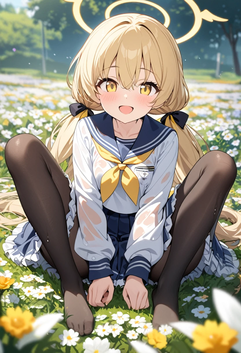 small breasts,(???, child:1),solo,blue eyes,blonde hair,cat ears,long hair,
smile,blush,parted lips,
white shirt,yellow short skirt,bow,
lying,
grass,sunlight,Butterfly,flower,Leaf,
Looking from top to bottom,Medium Full Shot,depth of field,