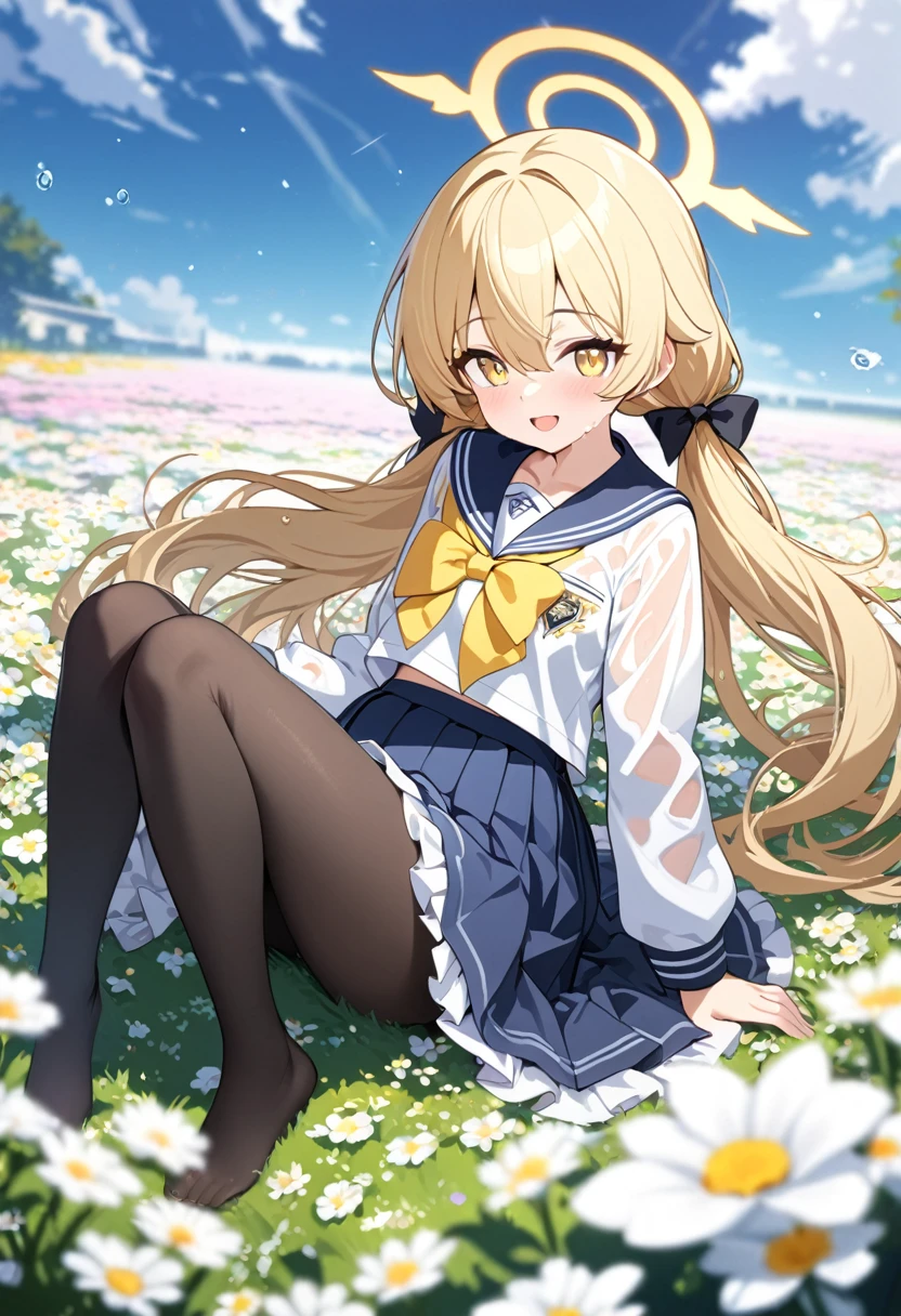 1 girl, masterpiece, best quality, Amazing, beautiful detailed eyes, finely detailed, depth of field, extremely detailed CG unity 8k wallpaper, full body, Ajitani Hifumi (Blue Archive), halo, sitting, , sailor collar, smile, blonde hair, twintails, long hair, low twintails, hair bow, tied, yellow ribbon, long sleeves, blue skirt, pleated skirt, frilled skirt, frills, black pantyhose, sideblocks, wing hair ornament, hair between eyes, yellow eyes, open mouth, flower field, wet clothes,