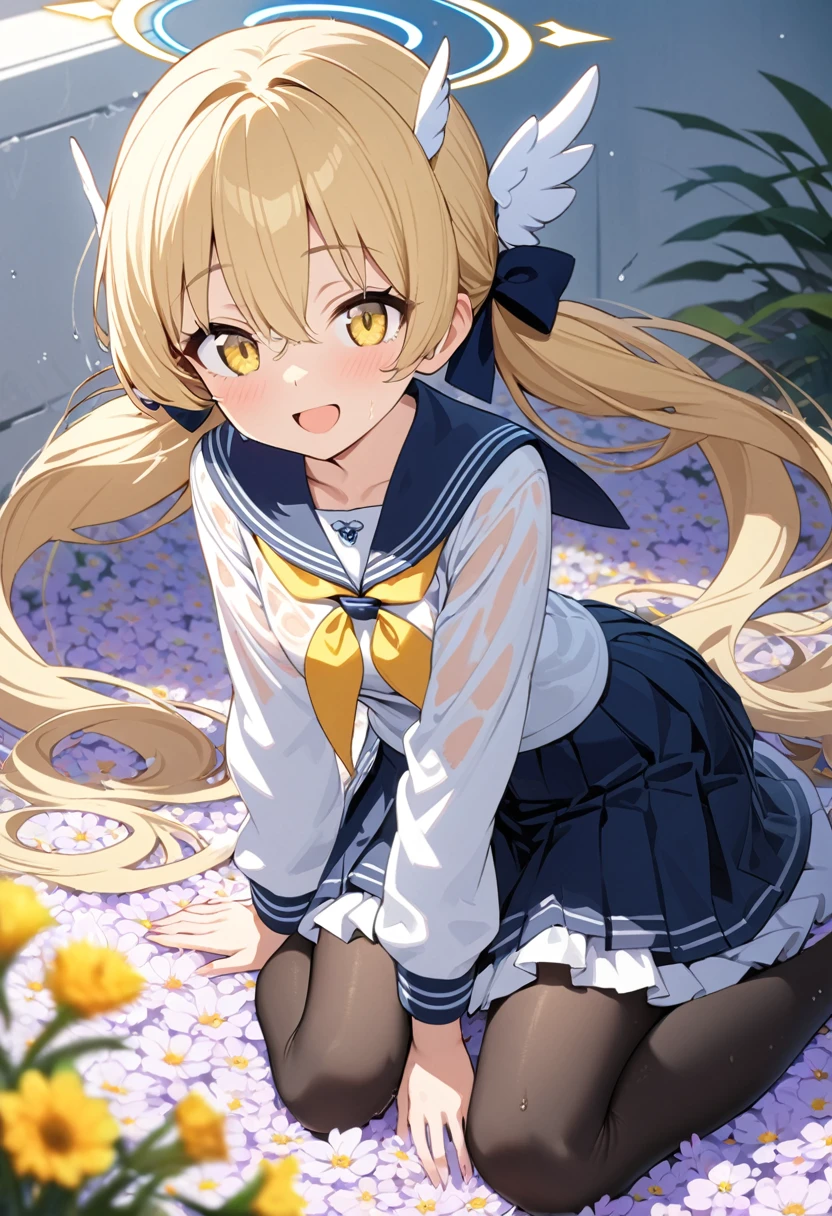 1 girl, masterpiece, best quality, Amazing, beautiful detailed eyes, finely detailed, depth of field, extremely detailed CG unity 8k wallpaper, full body, Ajitani Hifumi (Blue Archive), halo, sitting, , sailor collar, smile, blonde hair, twintails, long hair, low twintails, hair bow, tied, yellow ribbon, long sleeves, blue skirt, pleated skirt, frilled skirt, frills, black pantyhose, sideblocks, wing hair ornament, hair between eyes, yellow eyes, open mouth, flower field, wet clothes, 